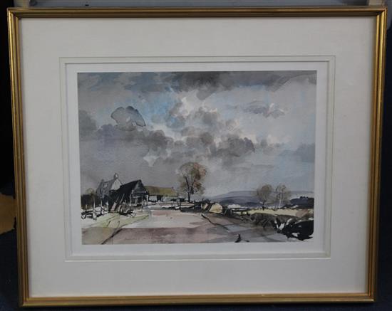 § Rowland Hilder (1905-1993) Kentish landscape with farm buildings, 11 x 15in.